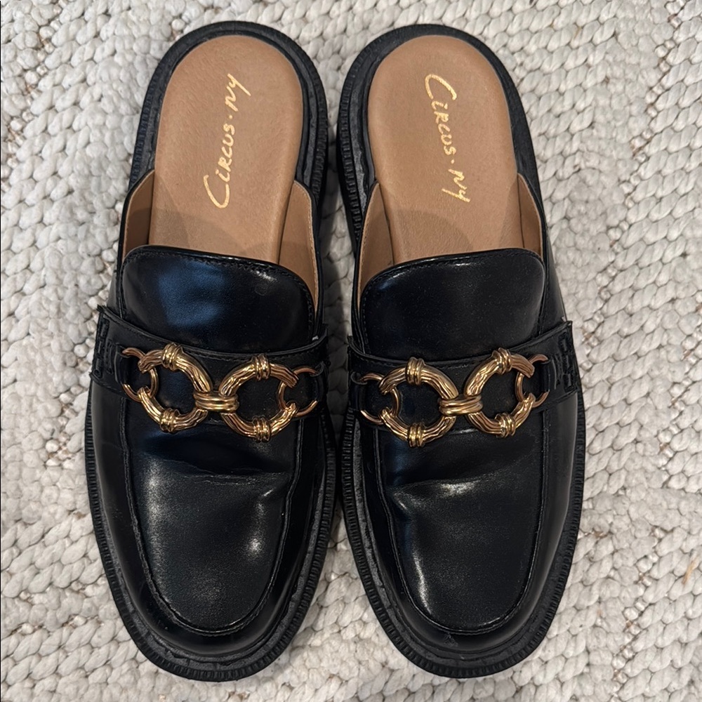 Sam Edelman Black Leather Mules with Gold Chain Detail - Size 8